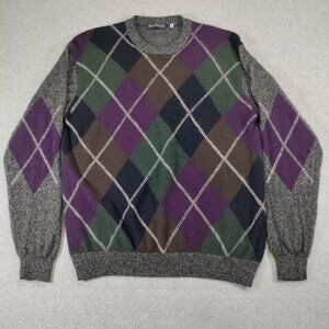 Barry Bricken Cashmere Argyle Crewneck Sweater Mens XL Gray Purple Green